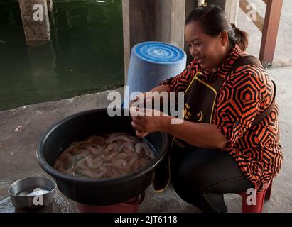 Woman preparing prawns, Restaurant, Tan Jetty, George Town, Penang, Malaysia, Asia.  Tan Jetty is one of the oldest settlements on Penang and most of Stock Photo