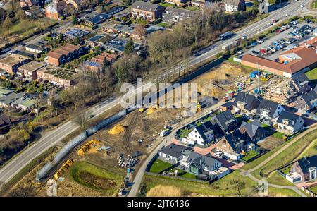 Aerial view, construction of a noise barrier between Hackfurthstraße and Dorfheide in Kirchhellen, Bottrop, Ruhr area, North Rhine-Westphalia, Germany Stock Photo