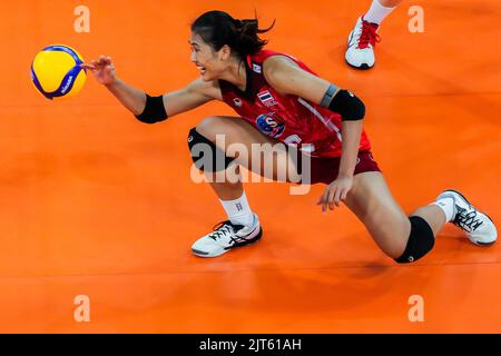 Pasig City, Philippines. 28th Aug, 2022. Pimpichaya Kokram of Thailand saves the ball during the semifinals match against China at the 2022 AVC Cup for Women at the Philsports Arena in Pasig City, the Philippines, Aug. 28, 2022. Credit: Rouelle Umali/Xinhua/Alamy Live News Stock Photo