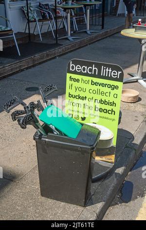 Aldeburgh, Suffolk, England, June 26th 2022, A local business offers a reward for collecting rubbish from the beach. Stock Photo