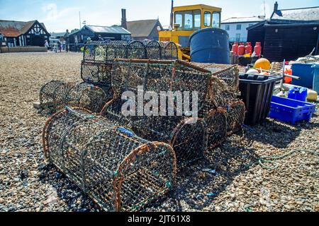 Aldeburgh, Suffolk, England, June 26th 2022, lobster fishing baskets left on the beach Stock Photo