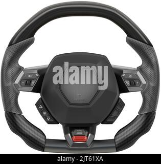 Realistic vector steering wheel supercar auto parts for steering direction control covered with gray rubber and black Kevlar pattern with control mode Stock Vector