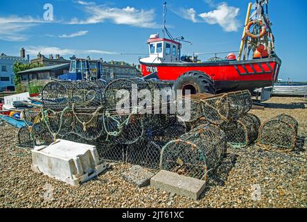 Aldeburgh, Suffolk, England, June 26th 2022, lobster fishing baskets left on the beach Stock Photo