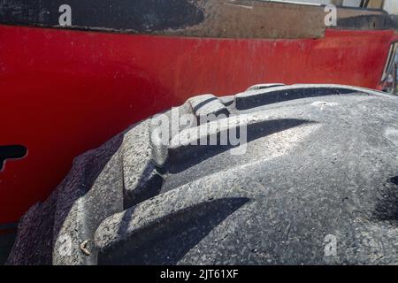 Aldeburgh, Suffolk, England, June 26th 2022, Close up shot of the tread on a huge tyre Stock Photo