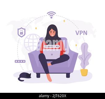 VPN service. Arabian woman using virtual private network. Personal information and data safety. Password security. Protection IP addresses and Stock Vector