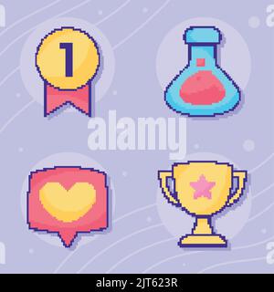 pixel art four set icons Stock Vector