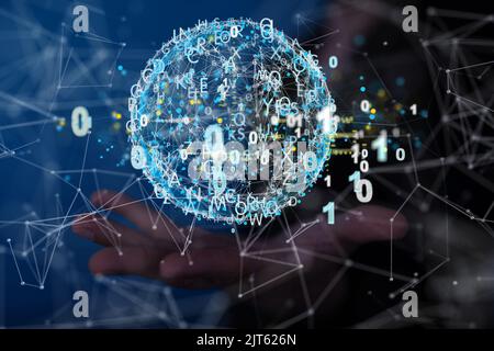 The hand holding a hologram of the globe made from different symbols and binary numbers. Internet. Stock Photo