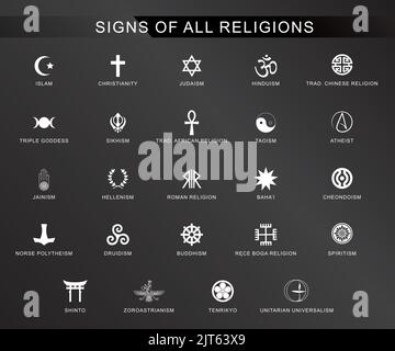 Vector Religious Symbols - All Vector Icons of Religions - Islam Christianity Atheism Chinese Religion Judaism - Vector Religion Signs and Symbols Stock Vector