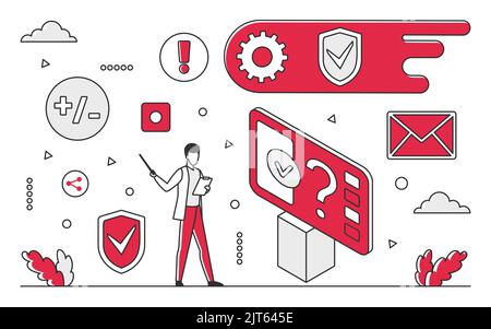 Network web security. Cyber protective system, protecting websites data vector monocolor illustration Stock Vector