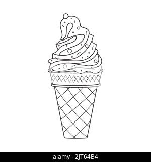 Outline ice cream in a waffle cone with sprinkles. Summer sweet food. Delicious frozen dessert. Vector linear doodle Hand drawn black and white illust Stock Vector