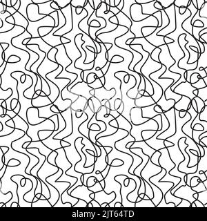 Tangled ropes seamless pattern. Black twirled and crossing threads on white background. Winding lines of different thickness wrapping texture. Vector Stock Vector