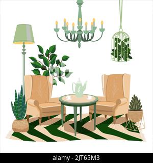 Living room vintage interior. Two comfortable soft armchairs in pastel and green colors. Soft chairs in modern vintage style. Hygge lounge place. Vect Stock Vector