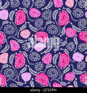 Seamless pattern with abstract stylized flowers on dark blue background. Stock Vector