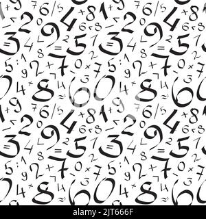 Seamless pattern with black hand drawn numbers and mathematical symbols randomly placed over white background. Vector eps8 illustration. Stock Vector