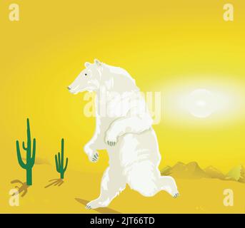 Polar bear in the desert, global warming illustration Stock Vector