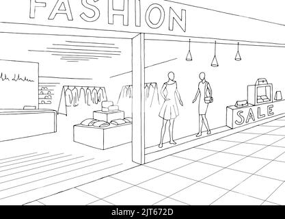 Shopping mall graphic black white interior sketch illustration vector Stock Vector