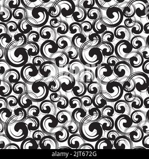 Swirl symbols seamless pattern. Different sizes black spirals randomly placed over white. Wrapping texture with abstract curls. Vector eps8 illustrati Stock Vector