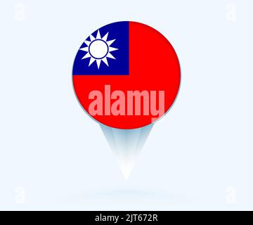 Map pointer with flag of Taiwan. Vector flag sign on blue background. Stock Vector