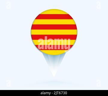 Map pointer with flag of Catalonia. Vector flag sign on blue background. Stock Vector