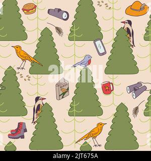 Birding seamless pattern. Birds and birdwatcher equipment on forest background. Stock Vector