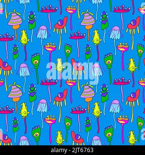 Otherworld plants seamless pattern. Fictional flowers on blue background. Stock Vector
