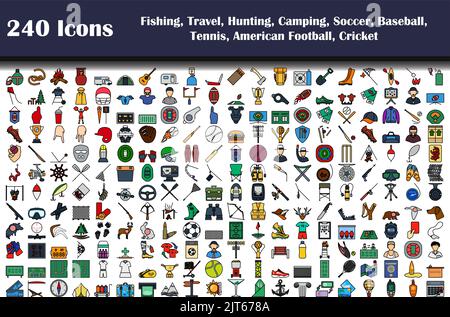 Fishing, Travel, Hunting, Camping, Soccer, Baseball, Tennis, Footbal, Cricket Icon Set. Editable Bold Outline With Color Fill Design. Vector Illustrat Stock Vector