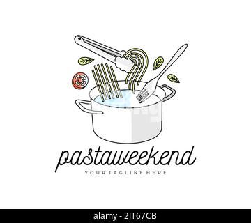 Pasta and spaghetti, saucepan, tongs and fork, logo design. Food, meal, vegetables, restaurant and catering, vector design and illustration Stock Vector