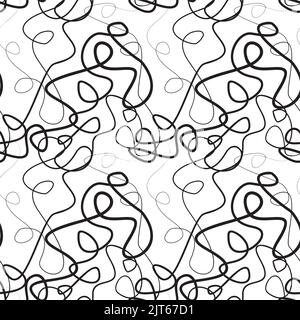 Winding lines seamless pattern. Black twirled and crossing threads on white background. Tangled curves of different thickness wrapping texture. Vector Stock Vector
