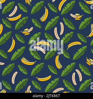 Seamless pattern with palms and bananas. Tropical vector background with isolated objects on blue. Stock Vector