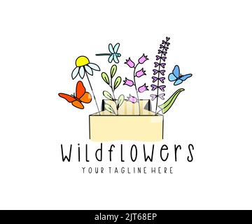 Package with flowers and herbs, butterflies and dragonflies, logo design. Wildflowers, meadows, nature and insects, vector design and illustration Stock Vector