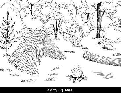 Branch hut graphic black white landscape sketch illustration vector Stock Vector