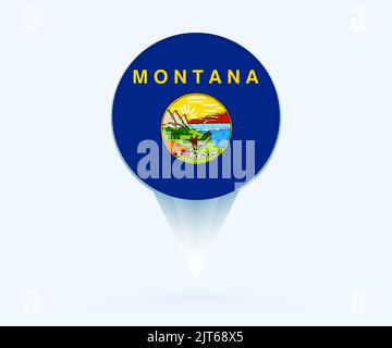 Map pointer with flag of Montana. Vector flag sign on blue background. Stock Vector