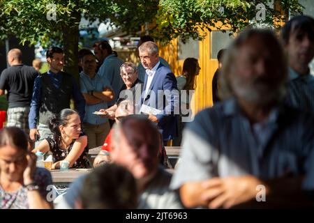 ANO Movement Chairman and former Czech Prime Minister Andrej Babis, center, visits on Saturday, August 27, 2022, Ceske Budejovice in Czech Republic during the Zeme Zivitelka agricultural exhibition as part of his local-election campaign tour. (CTK Photo/Vaclav Pancer)