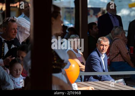 ANO Movement Chairman and former Czech Prime Minister Andrej Babis, right, visits on Saturday, August 27, 2022, Ceske Budejovice in Czech Republic during the Zeme Zivitelka agricultural exhibition as part of his local-election campaign tour. (CTK Photo/Vaclav Pancer)