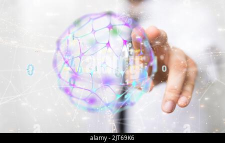 A businessman touching a global network blockchain Stock Photo