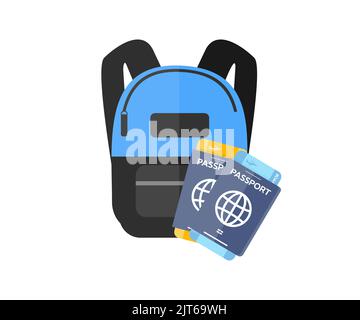 Let's go travel around the world  logo design. Trip and tour worldwide vacation. Backpack, passport, air ticket, adventure lifestyle  vector design. Stock Vector