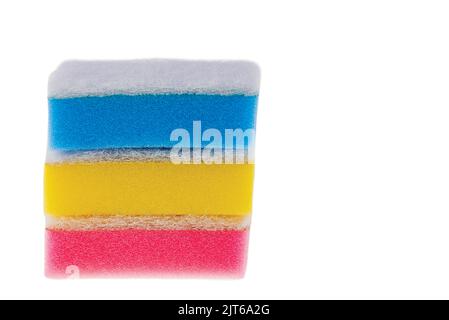 Close up macro view of colorful kitchen cleaning sponges isolated on white background. Stock Photo