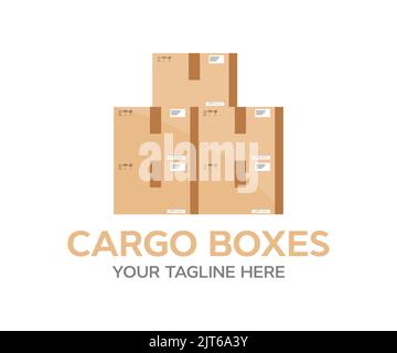 Heap of cardboard boxes logo design. Delivery cargo box with fragile care sign symbol, handling with care, protection from water rain vector design Stock Vector