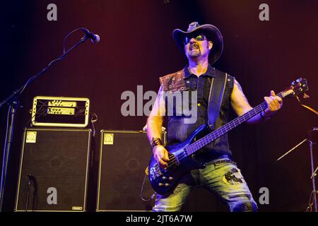 Trondheim, Norway. 06th, August 2022. The Norwegian glam rock band Wig Wam performs a live concert at Trondheim Spektrum in Trondheim. Here bass player Flash is seen live on stage. (Photo credit: Gonzales Photo - Tor Atle Kleven). Stock Photo