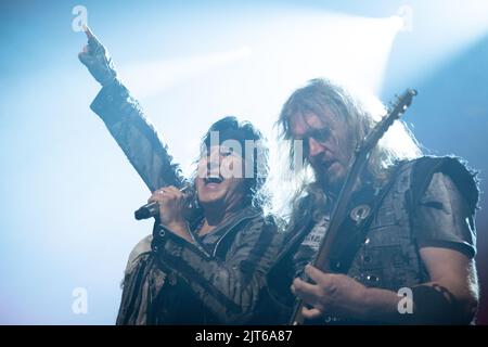 Trondheim, Norway. 06th, August 2022. The Norwegian glam rock band Wig Wam performs a live concert at Trondheim Spektrum in Trondheim. Here vocalist Glam is seen live on stage with guitarist Teeny. (Photo credit: Gonzales Photo - Tor Atle Kleven). Stock Photo