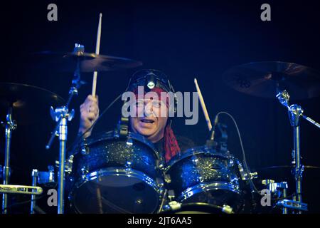 Trondheim, Norway. 06th, August 2022. The Norwegian glam rock band Wig Wam performs a live concert at Trondheim Spektrum in Trondheim. Here drummer Sporty is seen live on stage. (Photo credit: Gonzales Photo - Tor Atle Kleven). Stock Photo