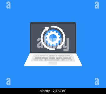 Business, Technology, Internet and network concept logo design. Laptop installing change or hardware customization executing maintenance, repairing. Stock Vector