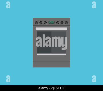 Slide-in Electric Range with Downdraft logo design. Front View of Stainless Steel Range Cooker. Kitchen Stove with Four Burner Cooktop. Domestic. Stock Vector