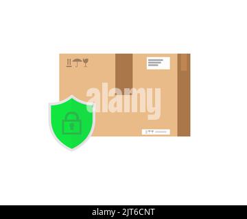 Parcel box protected with shield logo design. Сartoon package icon with insurance or guarantee check  vector design and illustration. Stock Vector