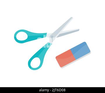 Stationery set of eraser and scissor logo design. Top view with copy space. School stationery or office supplies. Back to school concept vector design Stock Vector