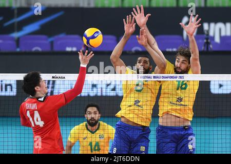 Yuki Ishikawa (Japan), Wallace De Souza, Lucas Saatkamp (Brazil). Volleyball World Championship 2022. Stock Photo