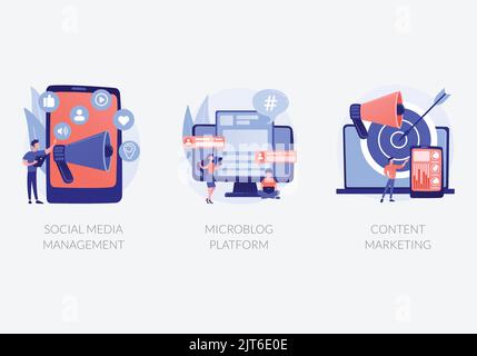Digital marketing flat landing page. Social media marketing, promotion, and advertising corporate website design. Web banner layout with header, middle Stock Vector