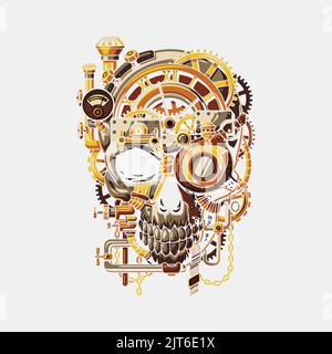 T-shirt design with illustration of mechanical skull Stock Vector