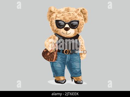 hot chic slogan with a bear doll in fashion style and sunglasses vector illustration Stock Vector