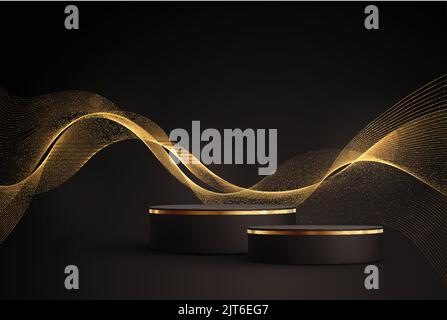 Gold glitter and shiny golden rain on black background. Vector horizontal luxury background Stock Vector